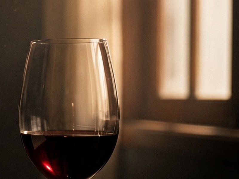 Taça de vinho tinto em luz quente, com janela ao fundo